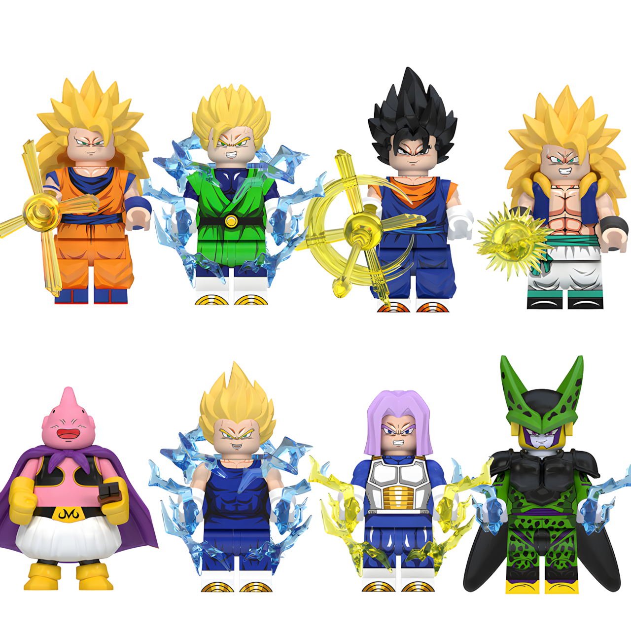 LEGO-compatible Dragon Ball custom minifigure set showing eight characters, including Goku, Vegeta, Cell and Majin Buu.