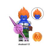 Load image into Gallery viewer, Super Android 13 custom brick minifigure from Dragon Ball, with blue skin, orange hair and purple energy effect.