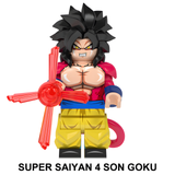 Load image into Gallery viewer, Super Saiyan 4 Son Goku custom brick minifigure from Dragon Ball, with black hair, a red-fur torso, tail and red energy effect.