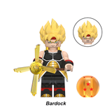 Load image into Gallery viewer, Super Saiyan Bardock custom brick minifigure from Dragon Ball, with gold-colored hair, black armor and yellow energy effect.