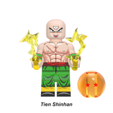 Load image into Gallery viewer, Tien Shinhan custom brick minifigure from Dragon Ball, with a third eye, green trousers and yellow lightning effects.