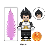 Load image into Gallery viewer, Vegeta black-haired variant custom brick minifigure from Dragon Ball, with black-and-white Saiyan armor and purple energy blade.