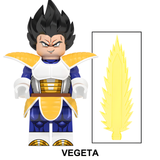 Load image into Gallery viewer, Vegeta Saiyan armor custom brick minifigure from Dragon Ball, with black hair, gold-and-white armor and yellow energy blade.