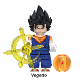 Load image into Gallery viewer, Vegito custom brick minifigure from Dragon Ball, with black hair, a blue-and-orange outfit and yellow energy effect.