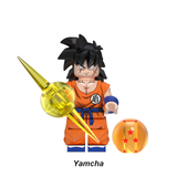 Load image into Gallery viewer, Yamcha custom brick minifigure from Dragon Ball, with long black hair, orange gi and yellow energy accessory.
