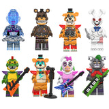 Load image into Gallery viewer, Arctic Ballora, Corrupt Freddy, Glamrock Chica, Glamrock Freddy, Roxanne Wolf (Glamrock Roxy), Montgomery Gator (Monty), Shattered Freddy, and Vanny Five Nights at Freddy's LEGO-compatible minifigure | custom brick minifigures.