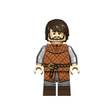 Load image into Gallery viewer, House Stark bearded swordsman custom brick minifigure from Game of Thrones, with brown armor and a short sword.