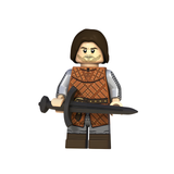 Load image into Gallery viewer, House Stark brown-haired swordsman custom brick minifigure from Game of Thrones, with brown armor and a sword.
