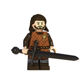 Load image into Gallery viewer, House Stark cloaked swordsman custom brick minifigure from Game of Thrones, with a beard, brown cloak and large black sword.