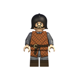 Load image into Gallery viewer, House Stark helmeted warrior custom brick minifigure from Game of Thrones, with a black helmet, brown armor and sword.