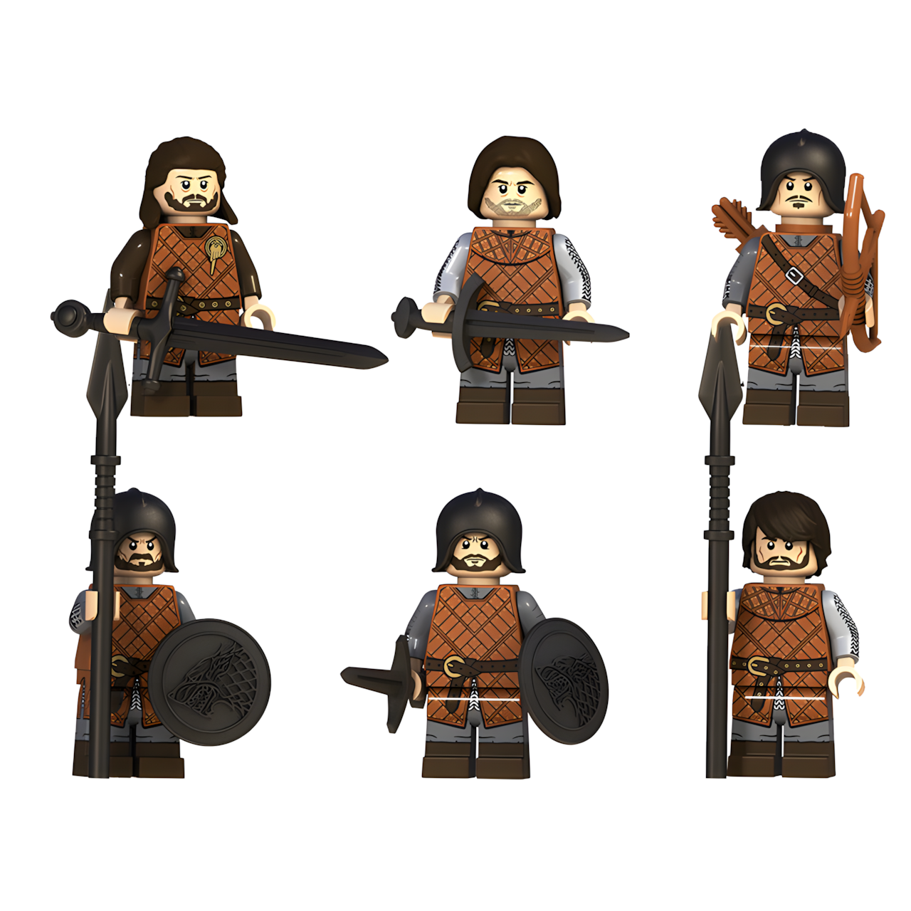 LEGO-compatible Game of Thrones custom minifigure set showing six House Stark warriors with swords, shields and a bow.