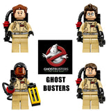 Load image into Gallery viewer, LEGO-compatible Ghostbusters custom minifigure set showing the four Ghostbusters in tan jumpsuits with proton packs.