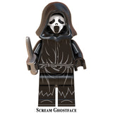 Load image into Gallery viewer, Ghostface slasher custom brick minifigure for horror movie fans and collectors.