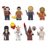Load image into Gallery viewer, LEGO-compatible horror custom minifigure set showing eight characters, including Elvira, Jason Voorhees, Leatherface and Pyramid Head.