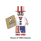 Load image into Gallery viewer, Captain Spaulding custom brick minifigure from House of 1000 Corpses, with clown makeup, a stars-and-stripes outfit and tall top hat.
