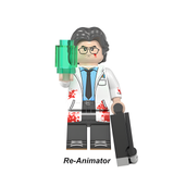 Load image into Gallery viewer, Herbert West custom brick minifigure from Re-Animator, with glasses, a white lab coat, green syringe and black case.