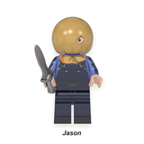 Load image into Gallery viewer, Jason Voorhees sack-mask variant custom brick minifigure from Friday the 13th, with a tan sack mask, blue overalls and machete.