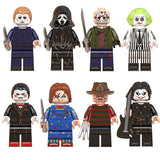 Load image into Gallery viewer, Spooky Horror Movie Minifigures Series 1 8-piece custom brick set featuring Jason Voorhees, Michael Myers, Chucky, and Ghostface.