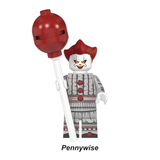 Load image into Gallery viewer, Pennywise custom brick minifigure from It, with red hair, a gray clown suit and red balloon.