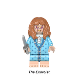 Load image into Gallery viewer, Regan MacNeil custom brick minifigure from The Exorcist, with long brown hair, a blue nightgown and gray knife accessory.