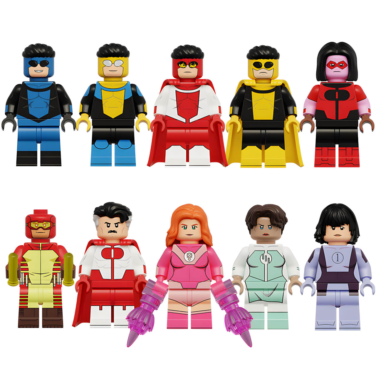 Complete 10-piece Invincible custom minifigure set featuring Mark Grayson, Omni-Man, Atom Eve, and multiverse variants