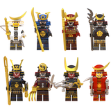 Load image into Gallery viewer, LEGO-compatible Japanese Samurai custom minifigure set featuring eight armored samurai with crested helmets, swords, polearms and crossbows.