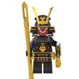 Load image into Gallery viewer, Japanese black-and-gold samurai custom brick minifigure with a gold horned helmet and long gold-colored spear.