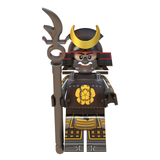 Load image into Gallery viewer, Japanese black-armored samurai custom brick minifigure with a crescent helmet crest and dark branching polearm.