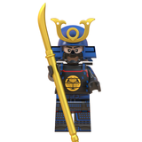 Load image into Gallery viewer, Japanese blue-armored samurai custom brick minifigure with a circular gold helmet crest and gold-colored polearm.