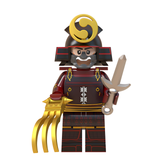 Load image into Gallery viewer, Japanese dark red-armored samurai custom brick minifigure with a gold spiral helmet crest and gold claw accessory.