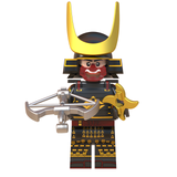 Load image into Gallery viewer, Japanese horned-helmet samurai custom brick minifigure with black-and-gold armor and a silver crossbow.