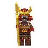Load image into Gallery viewer, Japanese red-and-gold samurai custom brick minifigure with a horned helmet and long gold-colored polearm.