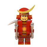 Load image into Gallery viewer, Japanese red-armored samurai custom brick minifigure with a gold crescent helmet crest and two swords.