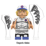 Load image into Gallery viewer, Emporio Alnino custom brick minifigure from JoJo's Bizarre Adventure, with a white baseball uniform and comic-style effect panels.