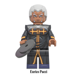Load image into Gallery viewer, Enrico Pucci custom brick minifigure from JoJo's Bizarre Adventure, with gray hair, a black-and-gold outfit and disc accessory.