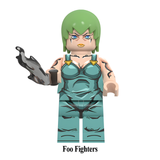 Load image into Gallery viewer, Foo Fighters custom brick minifigure from JoJo's Bizarre Adventure, with short green hair, a teal outfit and dark hand effect.