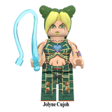 Load image into Gallery viewer, Jolyne Cujoh custom brick minifigure from JoJo's Bizarre Adventure, with green hair buns, a green outfit and blue string effect.