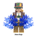 Load image into Gallery viewer, Jotaro Kujo custom brick minifigure from JoJo's Bizarre Adventure, with a green-trimmed cap, long coat and blue star-shaped effects.