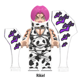 Load image into Gallery viewer, Rikiel custom brick minifigure from JoJo's Bizarre Adventure, with short pink hair, a black-and-white outfit and comic-style effect panels.