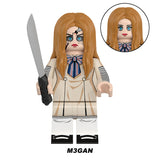 Load image into Gallery viewer, M3GAN killer robot doll custom brick minifigure for spooky sci-fi horror fans.