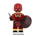 Load image into Gallery viewer, Red Guardian custom brick minifigure from Marvel Thunderbolts, with a red helmet, red suit and round shield.