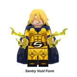 Load image into Gallery viewer, Sentry Void Form custom brick minifigure from Marvel Thunderbolts, with long blond hair, glowing red eyes and a yellow-and-blue suit.