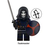 Load image into Gallery viewer, Taskmaster custom brick minifigure from Marvel Thunderbolts, with a hood, skull mask, sword and round shield.