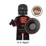 Load image into Gallery viewer, U.S. Agent custom brick minifigure from Marvel Thunderbolts, with a dark helmet, red-and-black suit and round shield.
