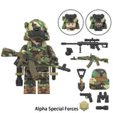 Load image into Gallery viewer, Military Alpha Special Forces soldier custom brick minifigure with green camouflage, tactical goggles and toy weapon accessories.