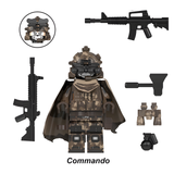 Load image into Gallery viewer, Military Commando variant 2 custom brick minifigure with a dark cape, camouflage armor and toy rifle accessories.