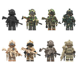 Load image into Gallery viewer, LEGO-compatible Military Special Forces custom minifigure set featuring eight soldiers in black, woodland and desert camouflage with toy weapon accessories.