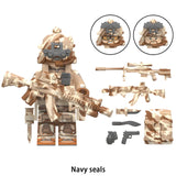 Load image into Gallery viewer, Military Navy SEAL soldier custom brick minifigure with tan camouflage, tactical goggles and toy rifle accessories.