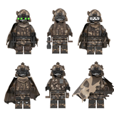 Load image into Gallery viewer, LEGO-compatible Military Special Forces custom minifigure set featuring six camouflaged soldiers with helmets, tactical gear and toy weapon accessories.