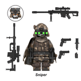 Load image into Gallery viewer, Military Sniper custom brick minifigure with green night-vision goggles, a toy sniper rifle and bipod.